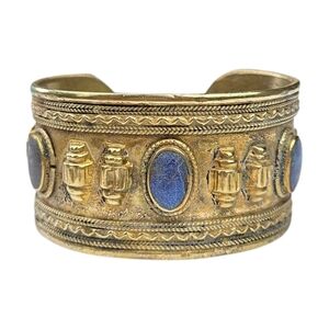 Afghan Peshawar Lapis Lazuli Cuff Bracelet Gilt Brass Blue Ethnic Vintage ~6.5"